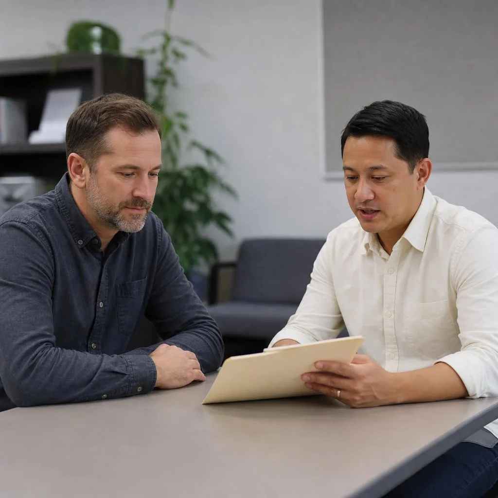 Illustrative career conversation between two people reviewing a folder