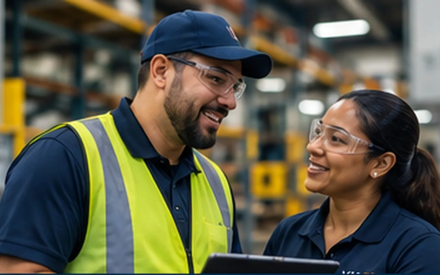 Illustrative workforce scene of two colleagues collaborating in a warehouse