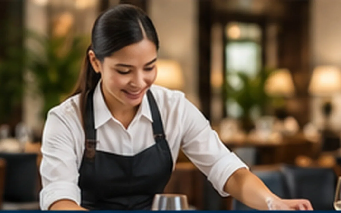 Hospitality employee preparing a dining area for guests