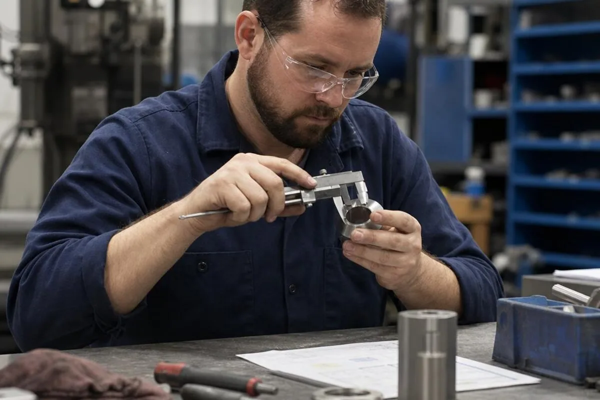 Quality technician inspecting a machined part at a manufacturing workbench
