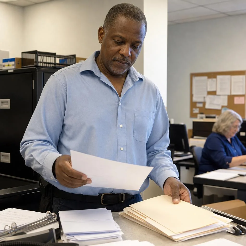 Administrative professional working at a computer in a modern office