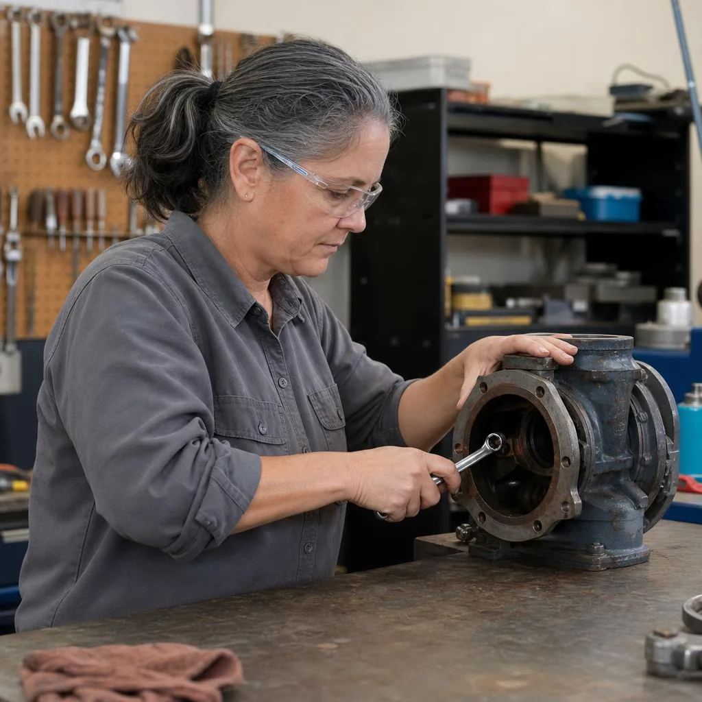 Maintenance technician inspecting a mechanical component at a workbench