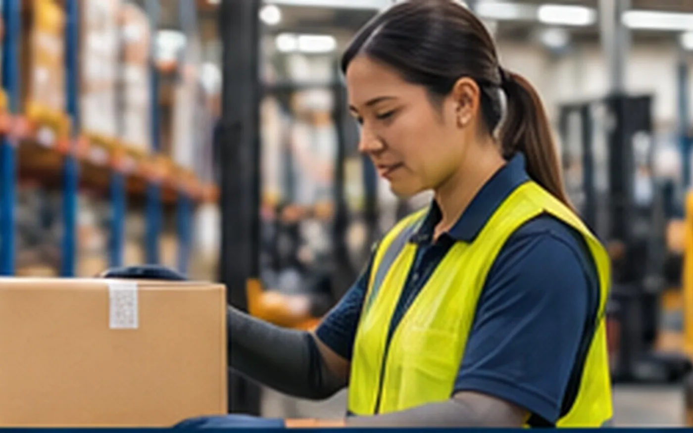 Illustrative workforce scene of a warehouse worker handling inventory